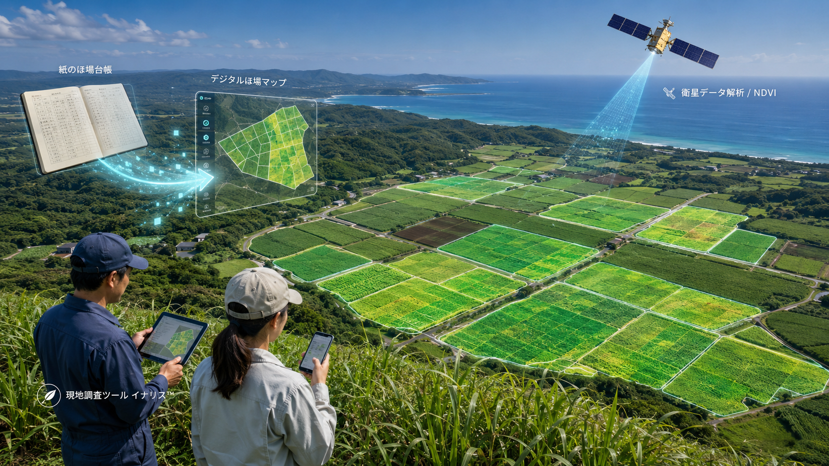 紙の作付台帳のデジタル化と農地区画（ポリゴン）との紐付け、スマートフォン・タブレットで完結する一筆調査を実装。