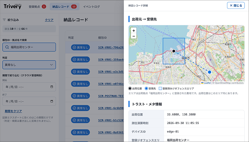 トライバリーの閲覧画面（納品レコード詳細）